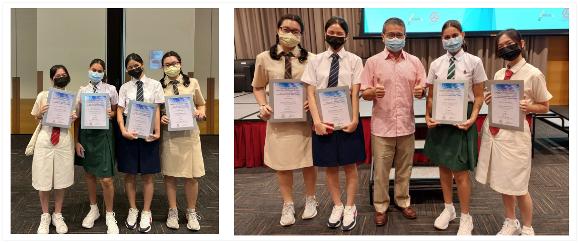 Four TKGS students holding their Outstanding Student Leader Award certificates from the Marine Parade Leadership Foundation. Four TKGS Outstanding Student Leader Award recipients posing with their certificates and a guest at the Marine Parade Leadership Foundation ceremony.